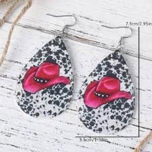 Boho SouthWestern Faux Leather Pink Cowboy Hat Milk Pattern Earrings